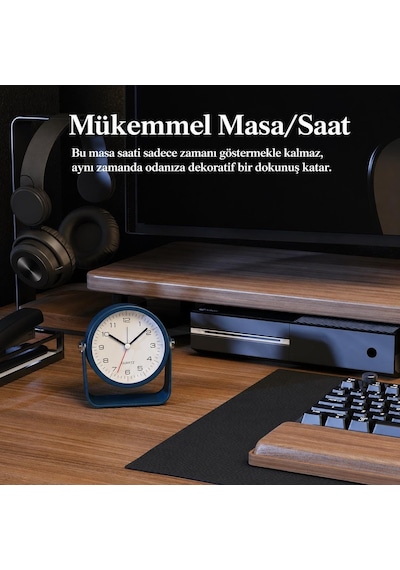 Valkyrie Sessiz Çalışan Mini Masa Saati / Akıcı Mekanizma, Gece Işıklı, Şık Dekoratif Lacivert