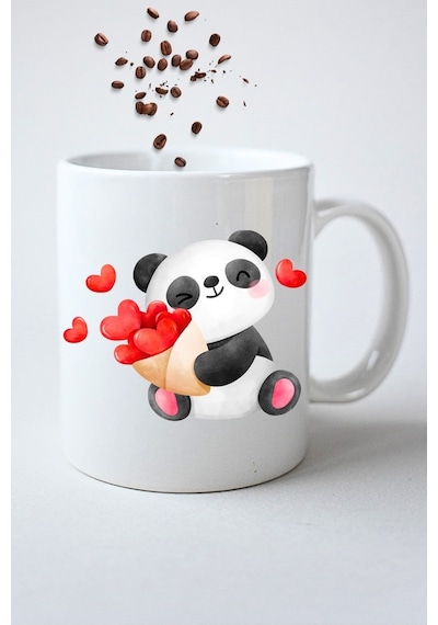 Kalpli Sevimli Panda Baskılı Hediye Kupa Bardak Porselen Çay Kahve Fincanı Beyaz