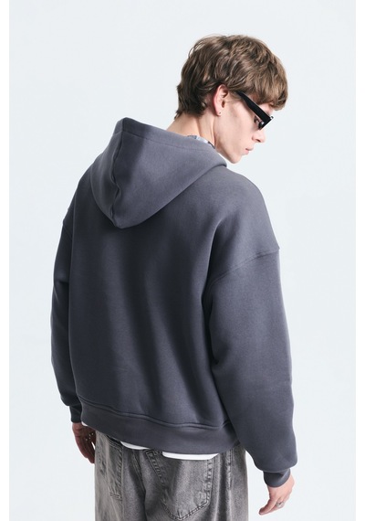 Vamos Boxy Fit Fermuarlı Kapüşonlu Sweatshirt V70-245 Füme