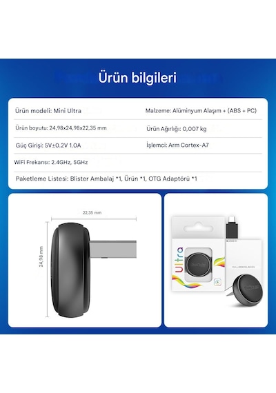 Mini 5.0 Ultra3 Kablosuz Carplay & Android Auto Adaptörü Dual Wifi Bt5.4 Otomatik Bağlantı Yeni Seri Diğer