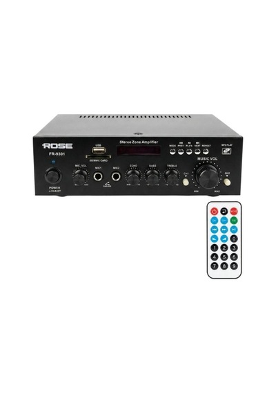 Rose Fr-9301 80 Watt 2 Zone Trafolu Mağaza Anfisi Ekolu 2 Mikrofon Girişli Mp3, Bluetooth, Sd Kart, Kumandalı