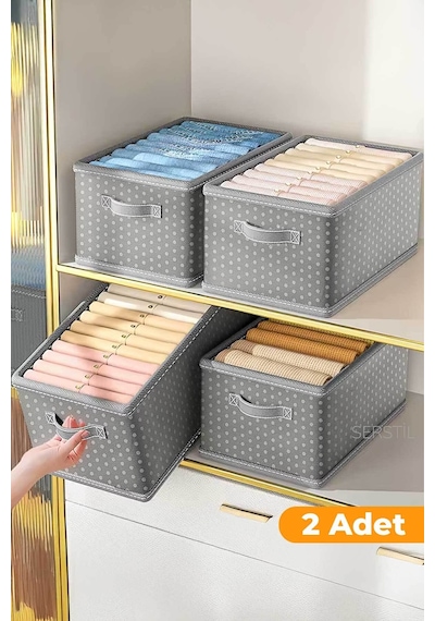 Serstil 2 Adet - Dolap Içi Düzenleyici, Katlanabilir Kıyafet Saklama Kutusu 45x25x20 Cm Gri Benekli