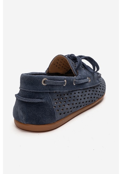 Luvishoes Stevo Kot Mavi Süet Hakiki Deri Delikli Bağcıklı Kadın Loafer Ayakkabı