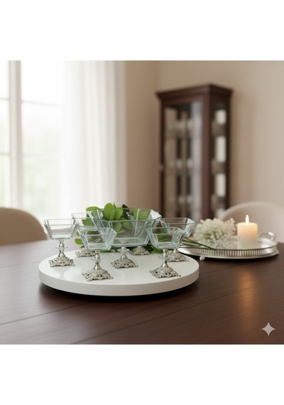 Çnr Home Collection Karen 7 Parça Döküm Ayaklı Sunumluk Seti Magnolia Dondurmalık Jup & Salata Kase Seti Gümüş