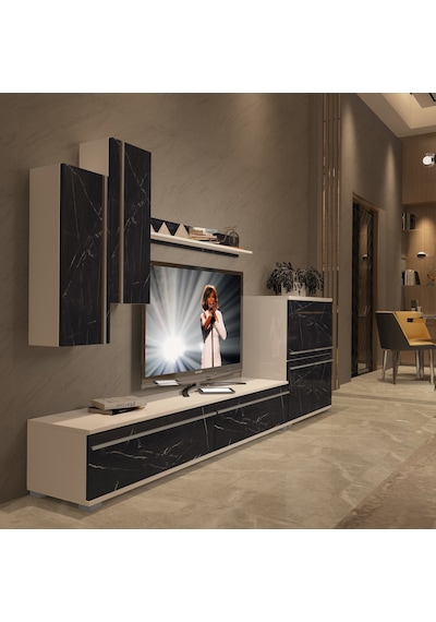 Decoraktiv Eko 6 Mdf Std Tv Ünitesi Tv Sehpası Beyaz - Siyah Mermer