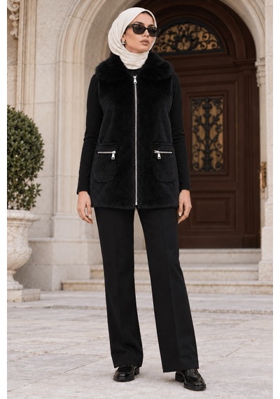 Sevitli Angora Cepli Yelek-siyah-6015