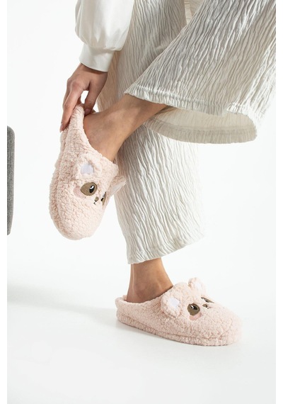 Moda Devrin Pembe Nakışlı Figürlü Pofuduk Terlik Ev Terliği Dikiş Montaj, Kaydırmaz, Sessiz, Yıkanabilir