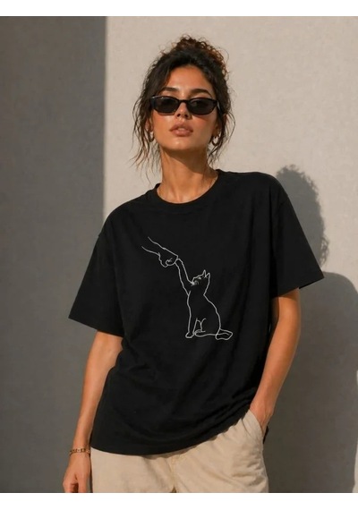 Defymoda Minimal Kedi Çizim Baskılı Tişört Kısa Kol Yazlık T-shirt - Siyah