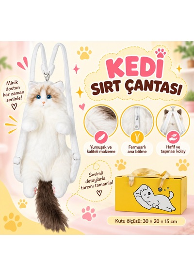 NessiWorld Büyük Kedi Sırt Çantası Beyaz Kahverengi