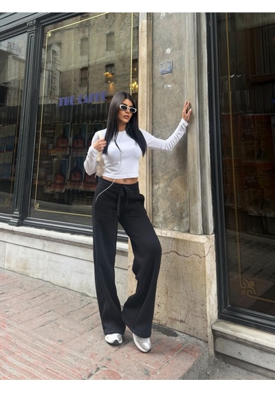 Out Of Standart Kadın Wide-leg Kalıp Beli Lastikli Kordon Detaylı Eşofman Altı Siyah