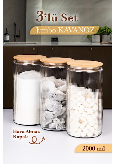 3'lü Cam Kavanoz Seti Bambu Vakum Kapak Mega Boy Çizgili Erzak Un Bakliyat Saklama Kabı 3x2000ml Şeffaf