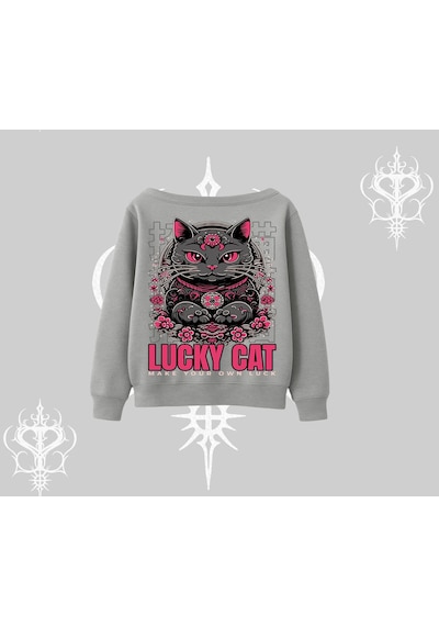 Lucky Cat Japon Tarzı Kedi Baskılı Kayık Yaka Sweatshirt Gri