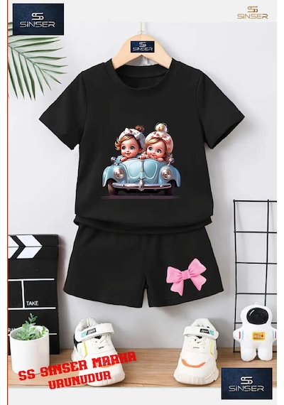 Ss Sinser Çocuk Araba 2lı Kız Sevımlı Özel Baskılı Bisiklet Yaka Tişört - Şort Alt - Üst Çocuk Takım Renk:siyah