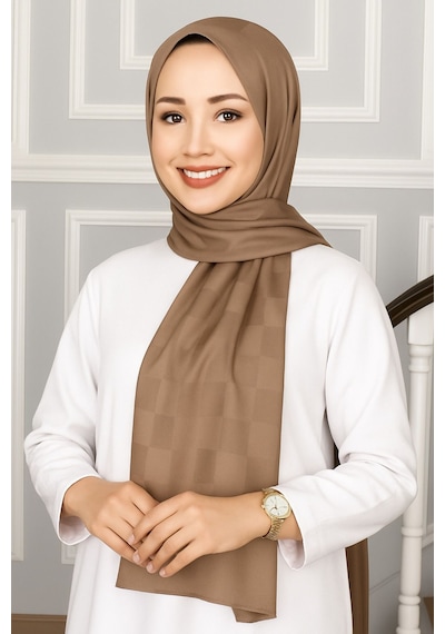 Mim Eşarp Emproyal Silver Jakar Dama Desenli Şal 75x190 Cm Vizon