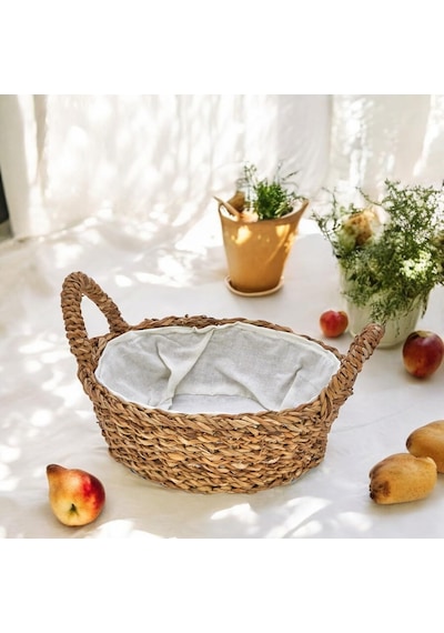 Ayrex El Yapımı Doğal Hasır Kulplu Çok Amaçlı Dekoratif Yuvarlak Sepet, Hasır Kulplu Ekmek Sepeti 27x8cm Diğer