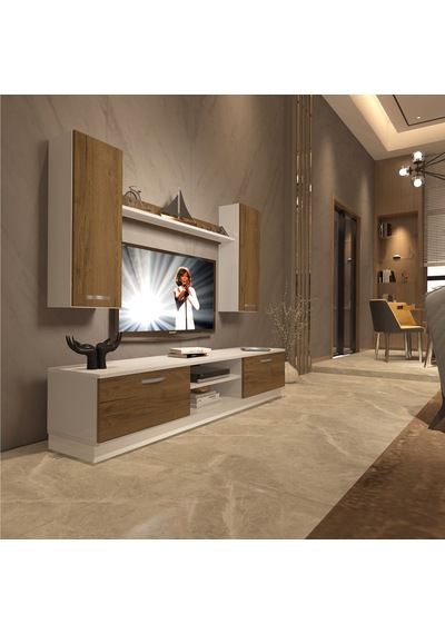 Decoraktiv Eko 5db Mdf Dvd Tv Ünitesi Tv Sehpası - Beyaz Pera Beyaz - Meşe