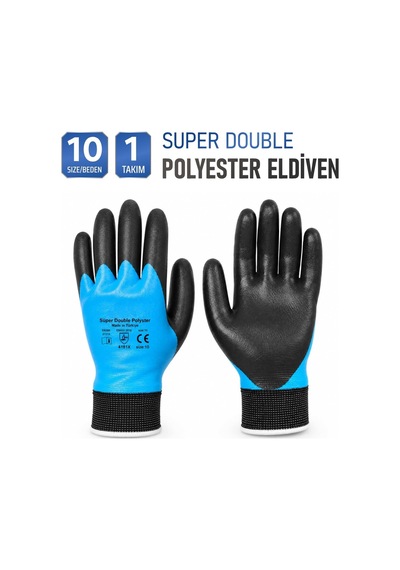 1 Çift Nitril Mavi Siyah No: 10 Beden Polyester Double Nitril İş Güvenlik İnşaat Eldiveni Genel