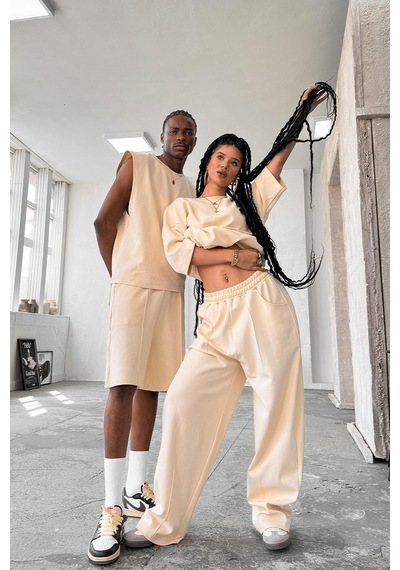 Krem Cozy Premium Pileli Baggy Eşofman Krem