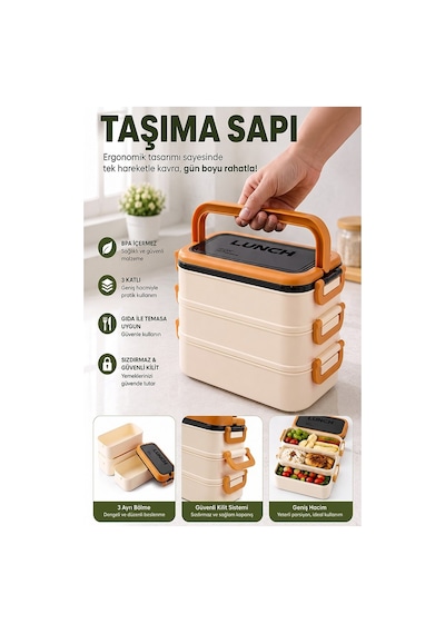 Renkli Beslenme Kutusu 3 Bölmeli 1 Adet 3 Bölmeli Beslenme Kabı Yemek Saklama Kabı Taşınabilir Lunch Box Okul Turuncu