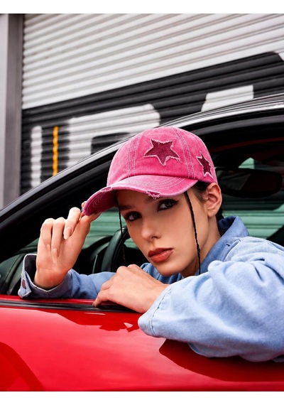 Valkyrie Vintage Pembe Yıldız Nakışlı Şapka Unisex Eskitme Baseball Cap Ayarlanır Pamuk Günlük Şapka