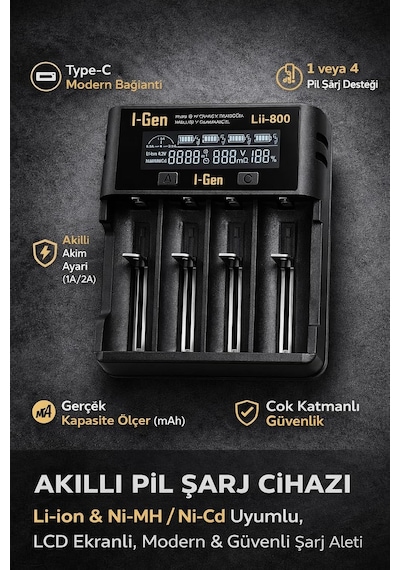 Batteries Lii-800 Akıllı Li-ion Pil Şarj Cihazı, Type-c Girişli, Lcd Ekranlı, 4 Slot Şarj, Li-i