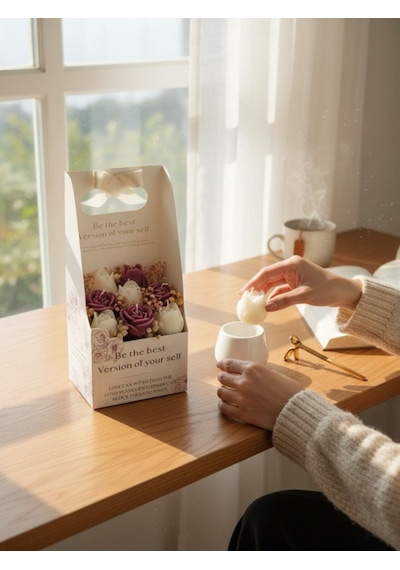Dekoratif Kutuda Lale Ve Gül Mum Çiçek Aranjmanı, Ev Dekoru, Masa Dekoru, Hediyelik Beyaz
