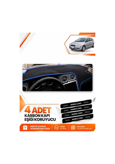 Ford Focus 2 2005-2008 Uyumlu Ön Torpido Koruma Kılıfı Halısı Koruyucu Örtüsü - Siyah Mavi