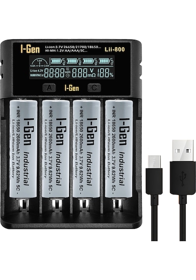 I-gen G426 4'lü 18650 Li-ıon Akıllı Pil Şarj Aleti + 4 Adet 18650 2600mah 5c 3.7v 9.62 Wh Li-ıon Pil Seti