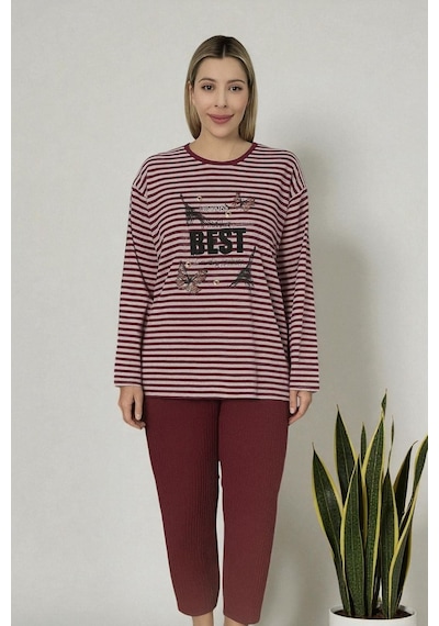 Baskılı Penye Bordo Pijama Takımı Best Model M Açık Bordo