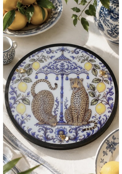 Leopar Desenli Dekoratif Sunum Tepsisi Sicilya Temalı Limon Desenli 34 Cm