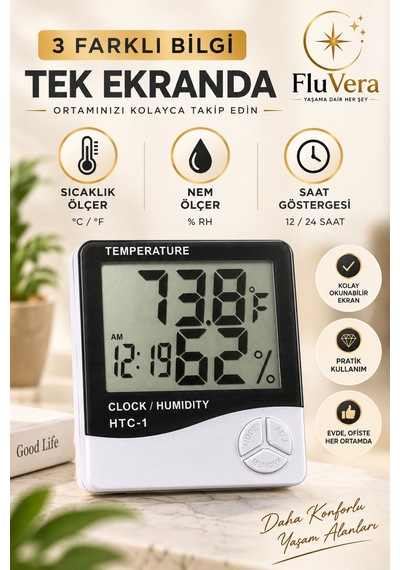 Dijital Termometre Nem Ölçer Saatli Higrometre Sıcaklık Ölçer Lcd Ekran