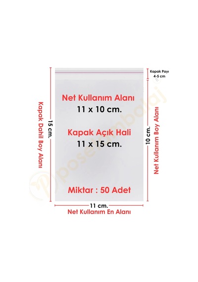 11x10+5 Cm. 11x15 50 Adet Şeffaf Bantlı Yapışkanlı Opp Poşet