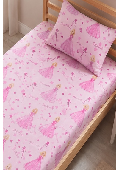 Prenses Desenli Yastık Kılıflı Tek Kişilik Lastikli Çarşaf Takımı 100x200 Cm Çarşaf+yastık Kılıfı Pembe