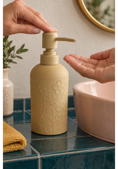 Rosıe Kum Beji Çiçek Dokulu Yuvarlak Seramik Sıvı Sabunluk 350 Ml Karışık