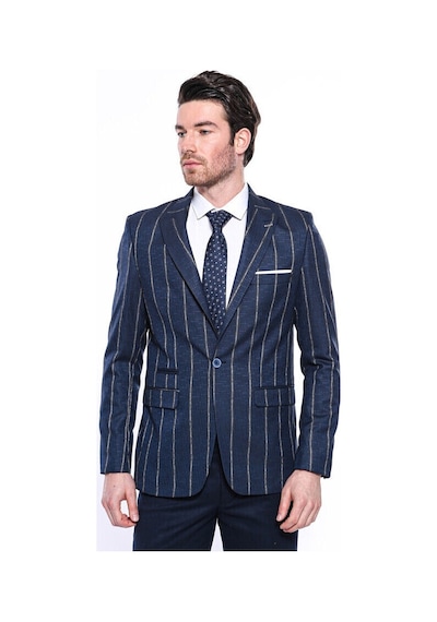 Wessi Çizgili Açık Slim Fit Lacivert Erkek Ceket Siyah