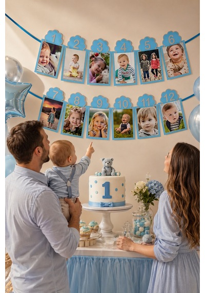 12 Aylık Fotoğraf Çerçevesi Mavi 200x23 Cm 1 Yaş Doğum Günü Parti Süsü Aylık Bebek Fotoğraf Seti Diğer