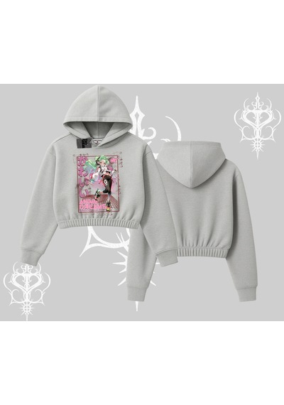 Startmore Kapşonlu Crop Sweatshirt Anime Kawaii Japon Kız Desenli Gri