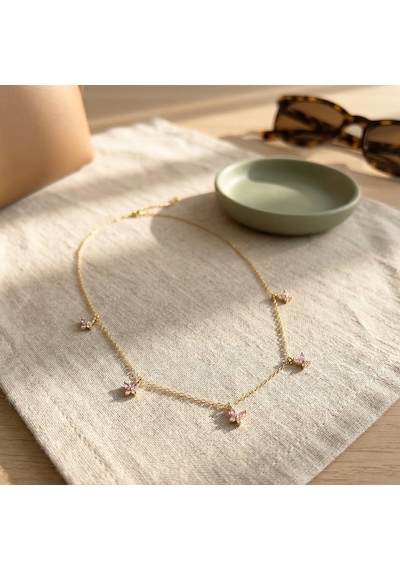 925 Ayar Gümüş Pembe Taşlı Altın Kaplama Şans Kelebek Kolye Gold