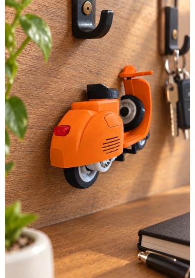 Motor Tasarımlı Dekoratif Duvar Anahtarlığı - İtalyan Scooter Figürlü 2 Askılı Duvar Dekoru Ve Anahtar Tutucu Turuncu