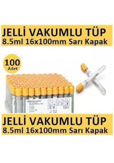 Vakumlu Jelli Sarı Kapak Kan Alma Tüpü 8.5ML 16X100MM 100 Adet