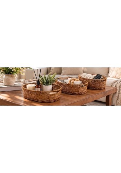 Üçlü Oval Rattan Sepet Açık Kahverengi