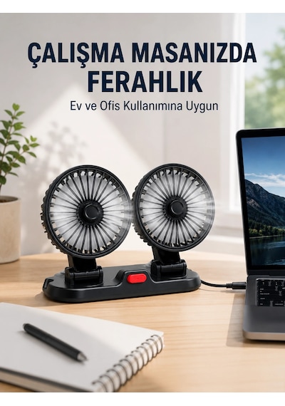 Araç Ve Ev Kullanımına Uygun Çift Başlıklı Masaüstü Vantilatör