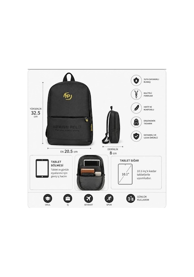 Newish Polo Unisex Laptop Tablet Bölmeli Minimal Sırt Çantası - Gri