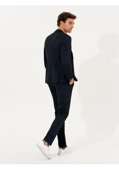 Cacharel Lacivert Ex. Slim Fit Beli Bağcıklı Çizgili Kumaş Pantolon