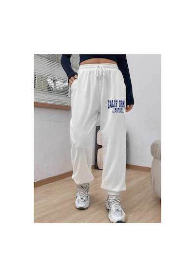 Tarzsokak Letter Graphic Drawstring Waist Slant Pocket 4 Mevsim Eşofman Beyaz Tarzsokak Letter Graphic Drawstring Waist Slant Pocket 4 Mevsim Eşofman Beyaz
