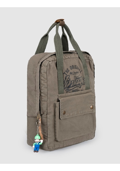 Cabani Vizon Vintage Baskılı Keten Unisex Sırt Çantası Haki