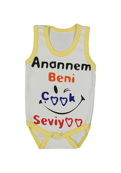 Bebegen Unısex Beyaz Sarı Biyeli Anaannem Beni Seviyor Yazılı Askılı Zıbın Çok Renkli