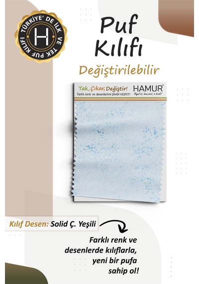 Yıkanabilir Puf Tabure Kılıfı Tak-Çıkar-Değiştir-Yenile Orta Sehpa Kılıfı Bb Solid Yeşil