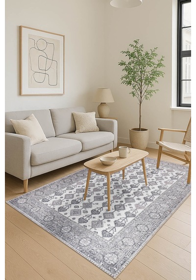 Stonart Eskitme Vintage Desenli Bej/gri Otantik Yıkanabilir Şönil Halı Al 448 Bej