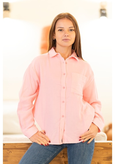 Cep Detaylı Oversize Gömlek Pembe